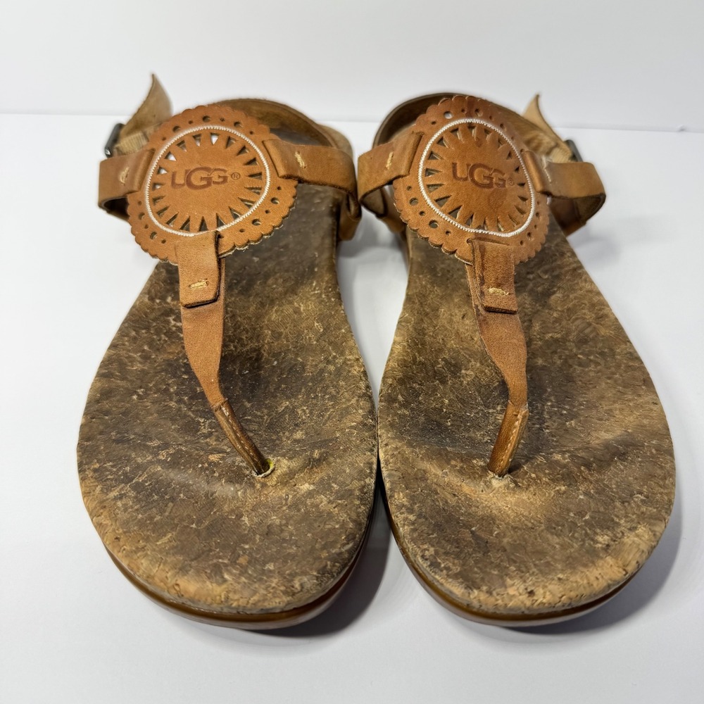 UGG Ayden II Brown Leather Sunburst Medallion Cork Slingback Sandals Women's EUC